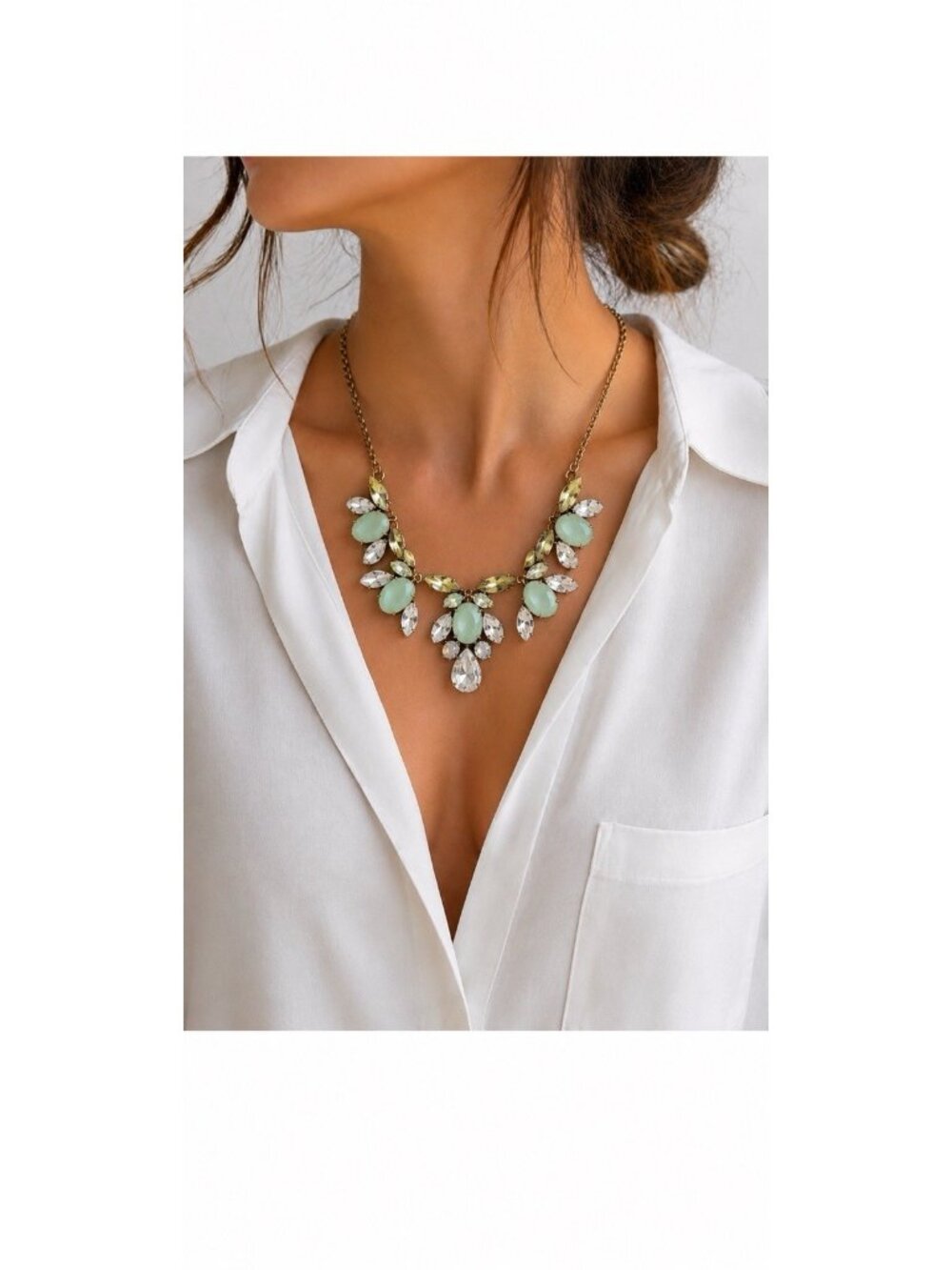 J.Crew Gold Tone Mint Green Flower Statement Necklace Bib Rhinestone Adjustable